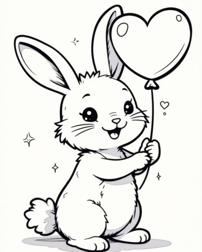 Kawaii Bunny with Heart Balloon Coloring Page