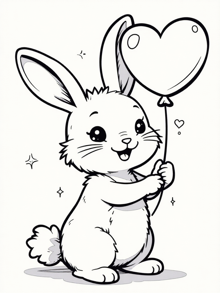 Kawaii Bunny Holding a Heart Balloon Coloring Page