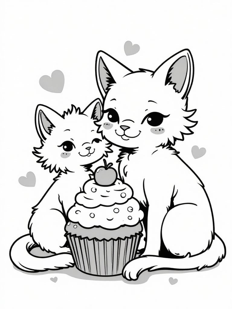 Kawaii Cat and Cupcake Coloring Page