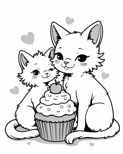 Kawaii Cat and Cupcake Coloring Page