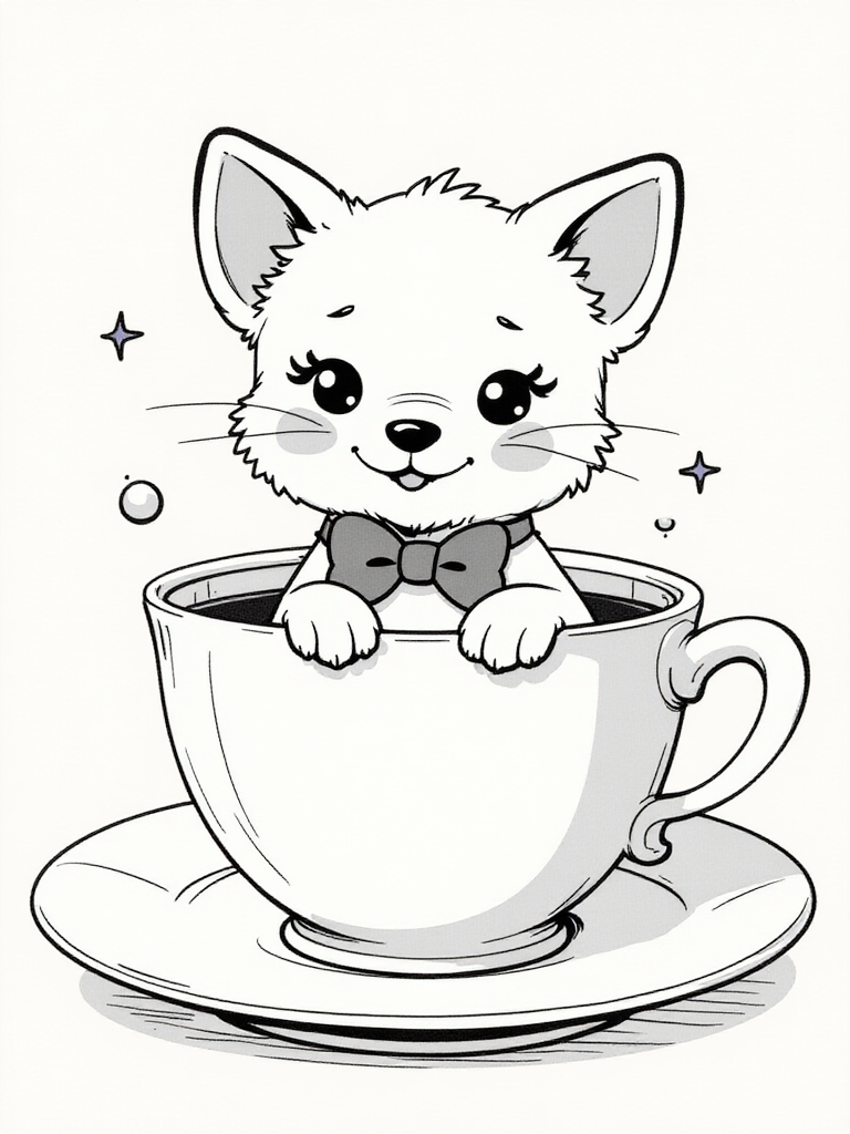 Kawaii Dog in a Giant Teacup Coloring Page