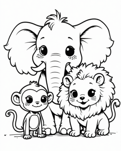 Kawaii Jungle Animals Coloring Page