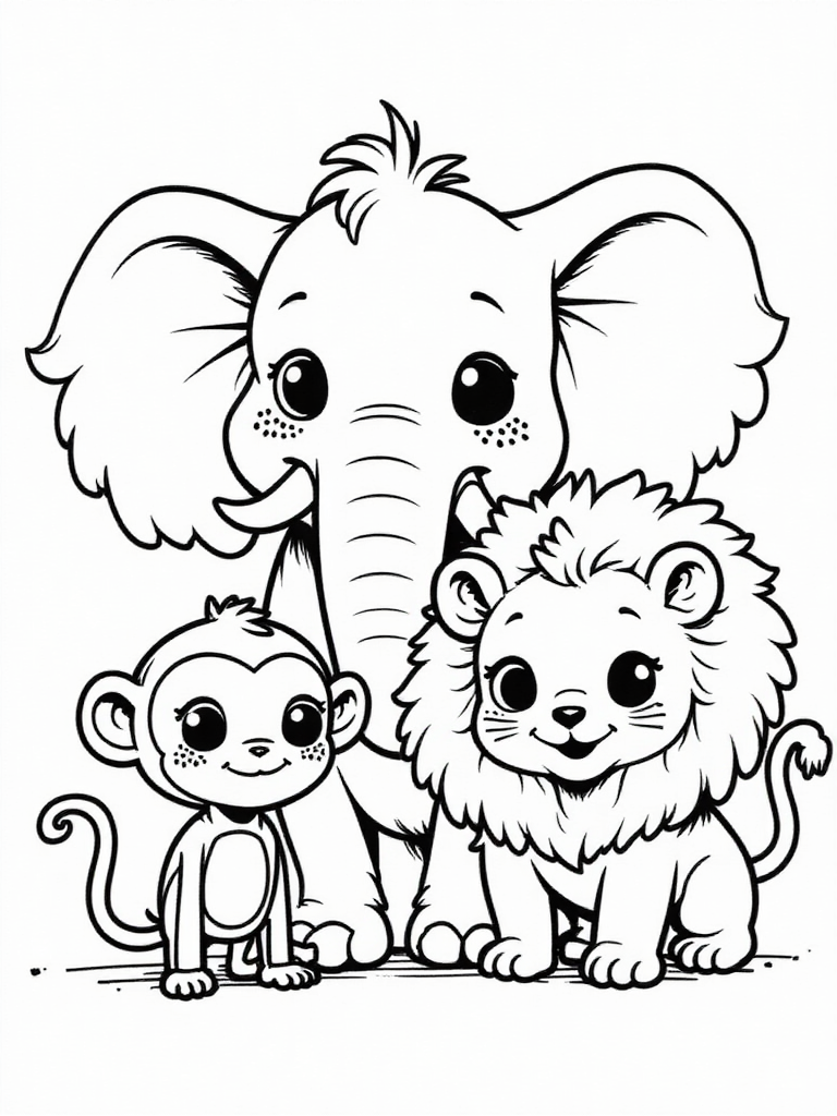 Kawaii Jungle Animals Coloring Page