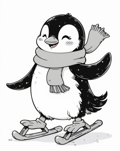 Kawaii Penguin Ice Skating Coloring Page