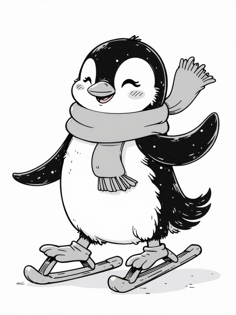 Kawaii Penguin Ice Skating Coloring Page