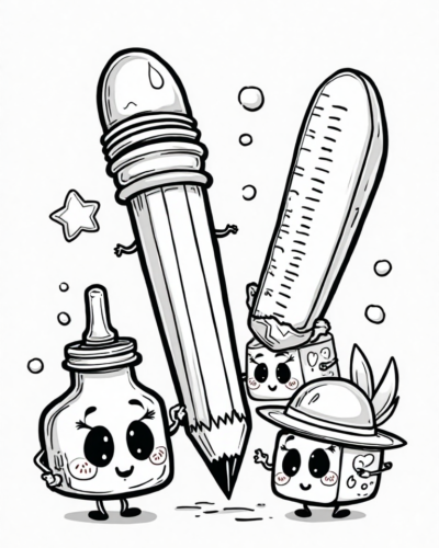 Kawaii School Supplies Coloring Page