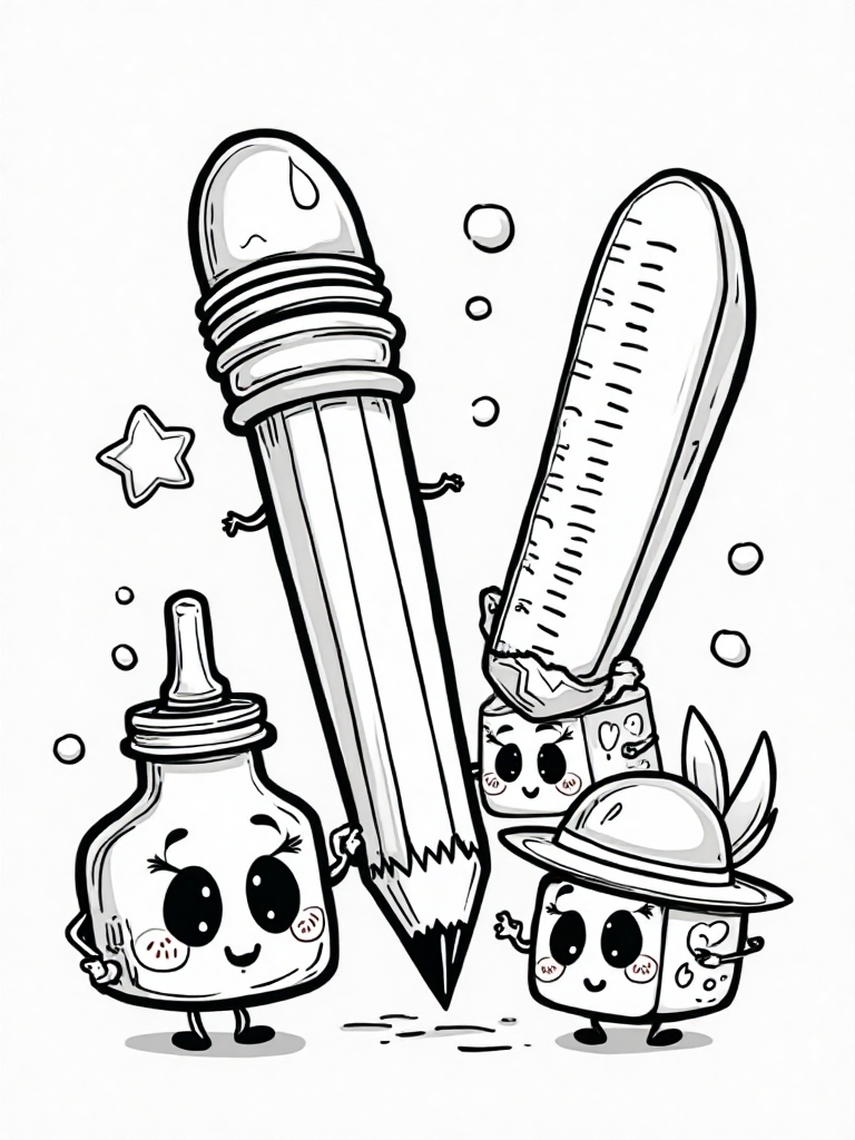 Kawaii School Supplies Coloring Page