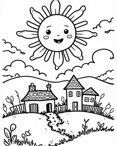 Kawaii Sun and Cloud Village Coloring Page