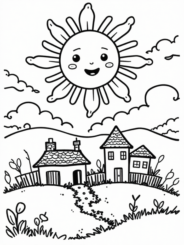 Kawaii Sun and Cloud Village Coloring Page