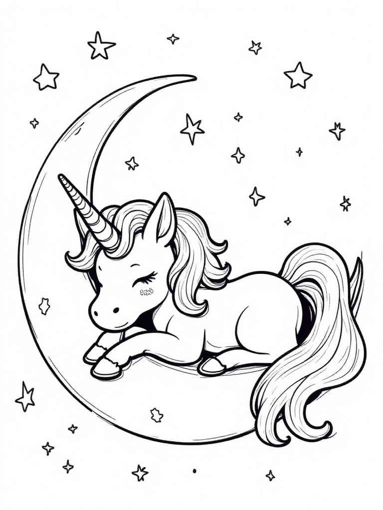 Kawaii Unicorn on Crescent Moon Coloring Page