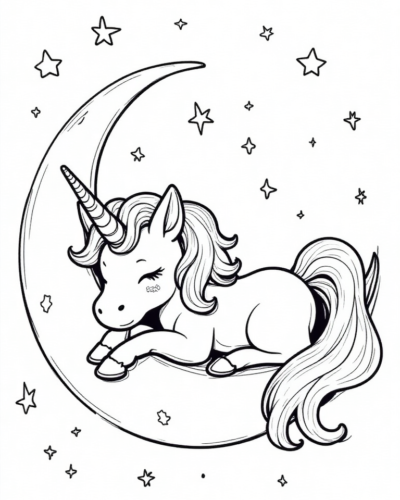 Kawaii Unicorn on Crescent Moon Coloring Page