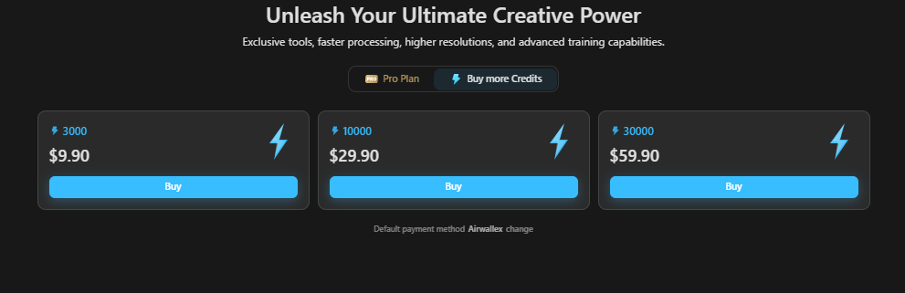 Tensor Art credit packs priced at $9.90 for 3000, $29.90 for 10000 and $59.90 for 30000 credits